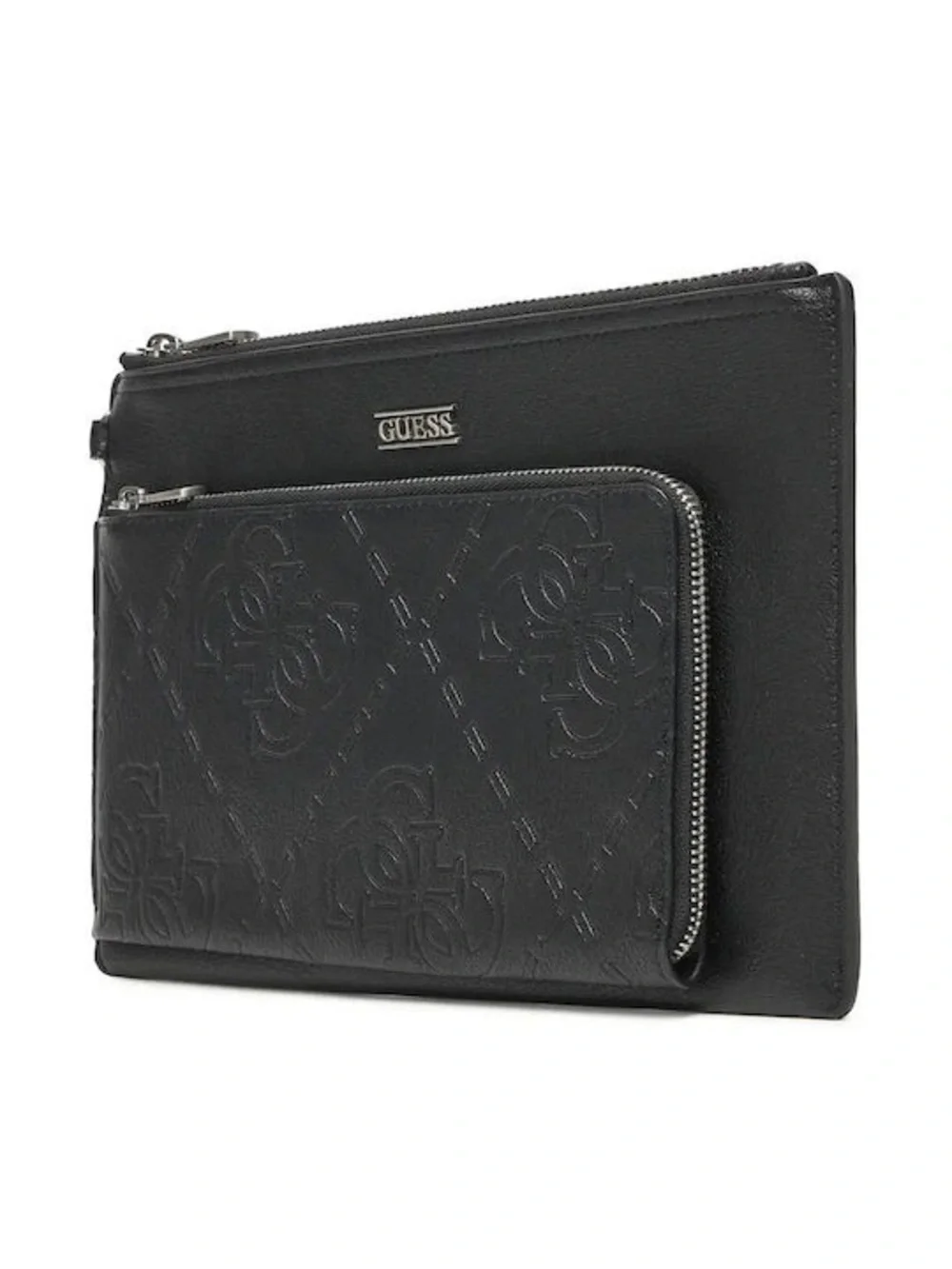 New GUESS Black Embossed Leather Zip-Top Wristlet Clutch